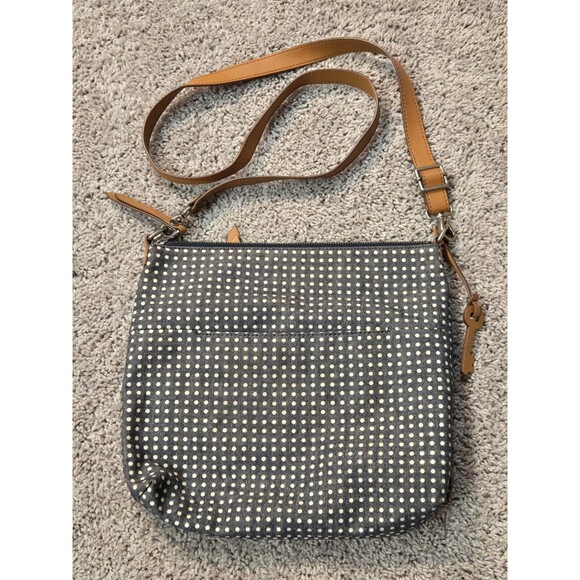 Fossil Dawson Polka Dot Crossbody Handbag Grayish Blue white Key-per canvas - Picture 2 of 12